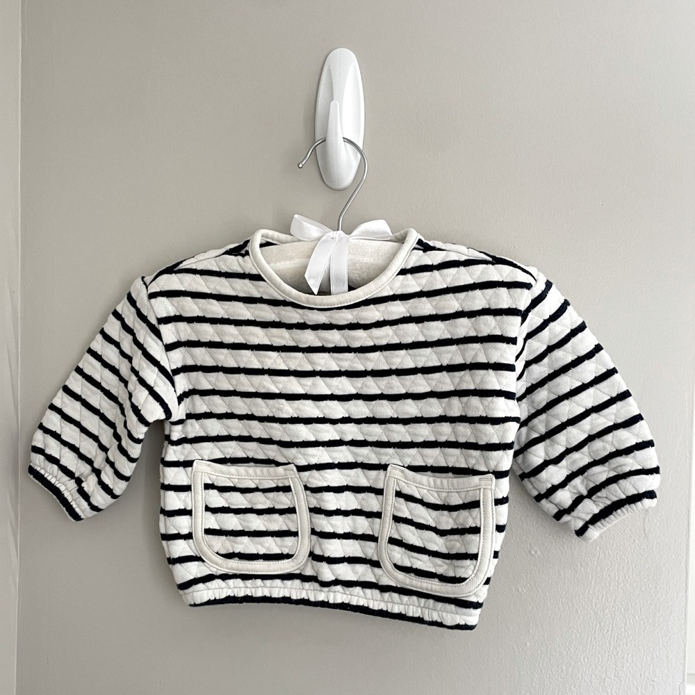 Old Navy baby sweatshirt, size 3-6months, white with navy stripes.